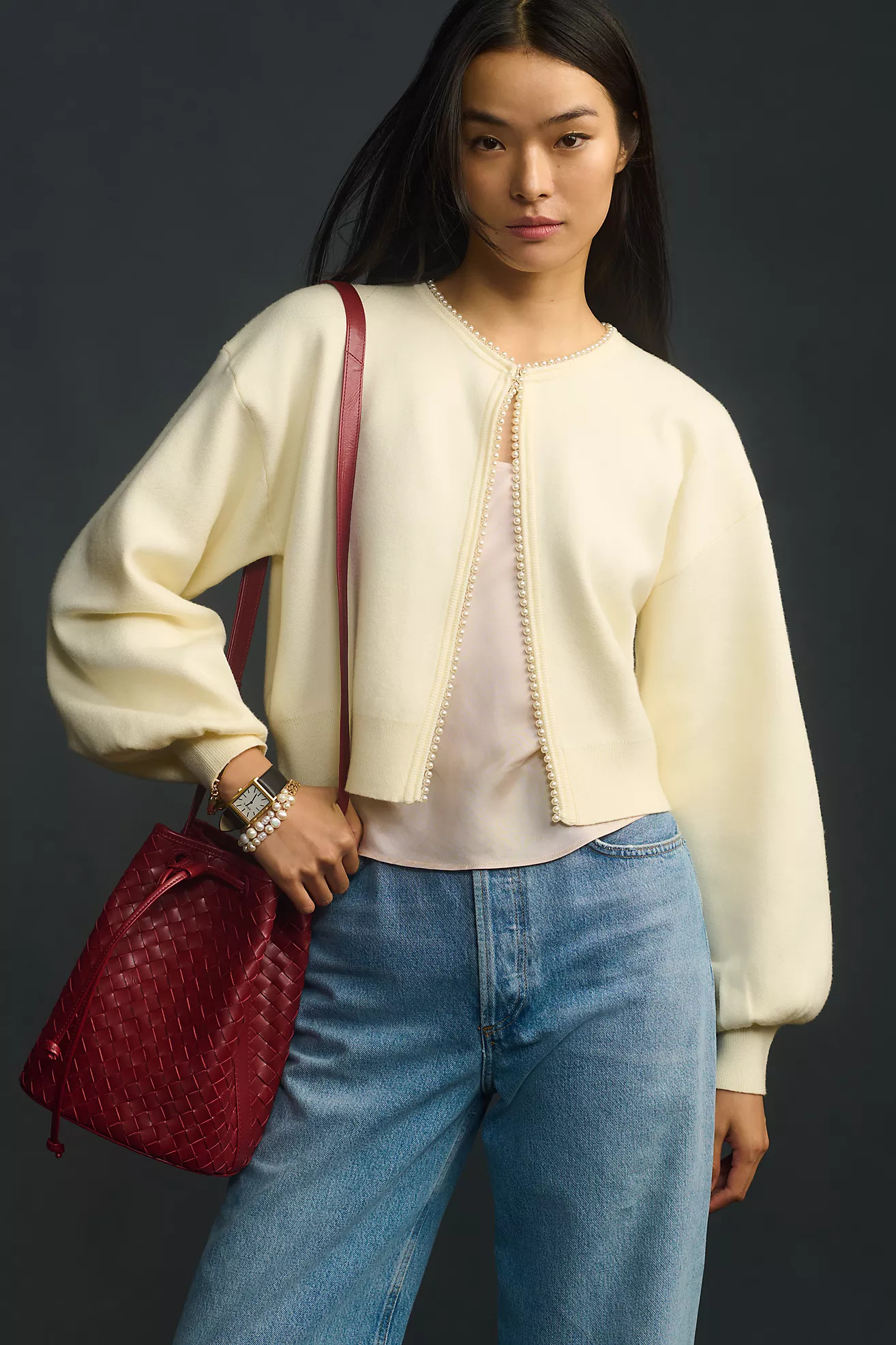 Flat White Pearl-Trim Cardigan Sweater | Anthropologie (US)