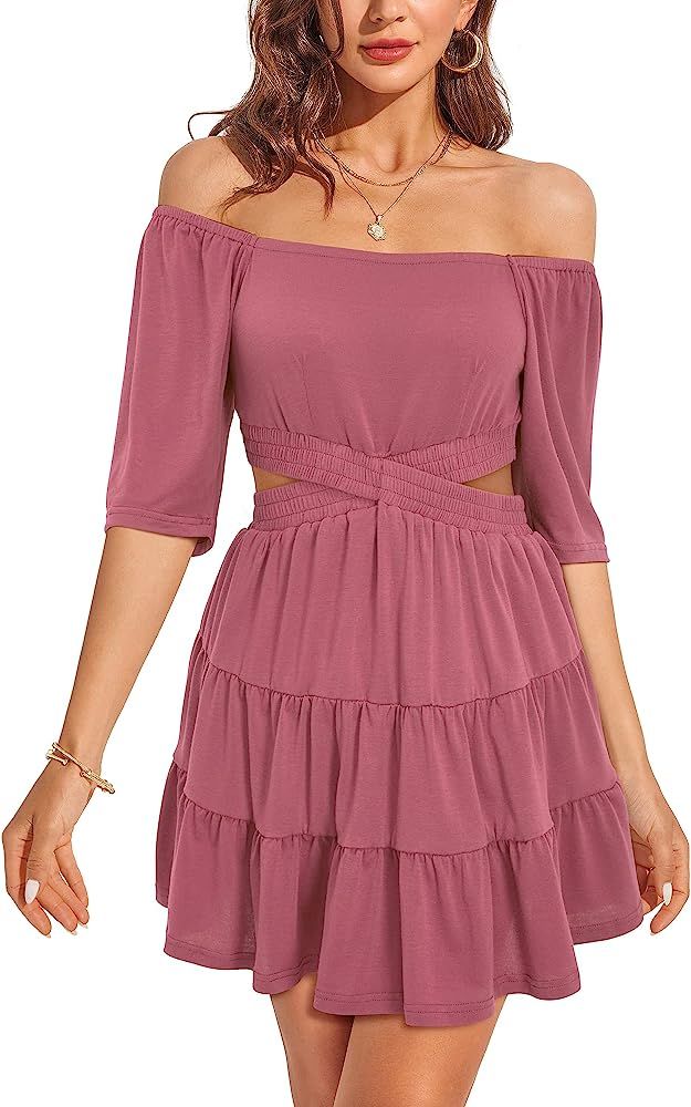 OUGES Womens Summer Casual Ruffle Square Neck Elastic Waist Cut Out Short Dress | Amazon (US)