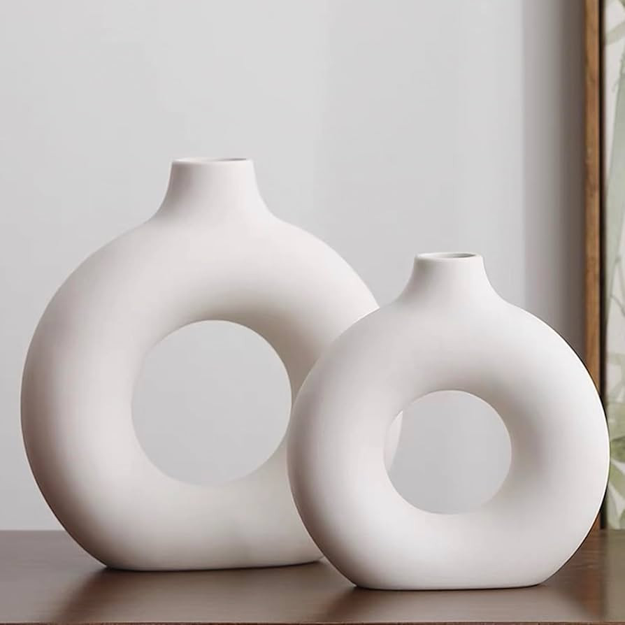 Set of 2 Large White Ceramic Donut Vases for Home Decor, Modern Boho Minimalist Aesthetic Decorat... | Amazon (US)