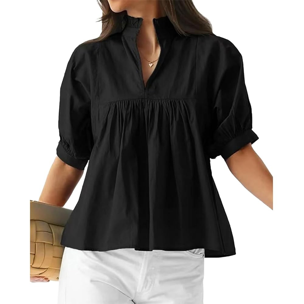 Womens Babydoll Puff Sleeve Blouse Shirts V Neck Peplum Pleated Tops Casual Flowy Summer Loose Fi... | Amazon (US)