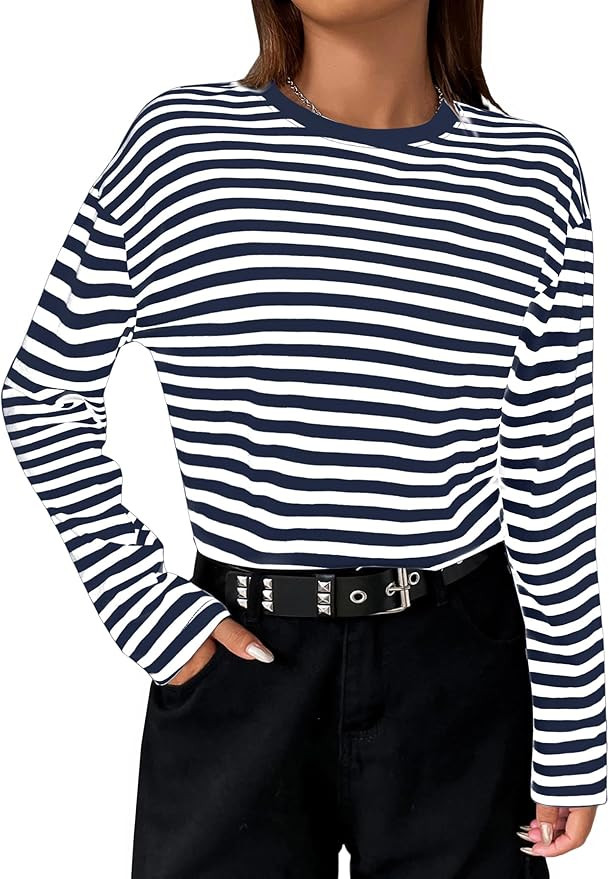 LilyCoco Womens Long Sleeve Striped Shirts Casual Color Block Crew Neck T Shirts | Amazon (US)