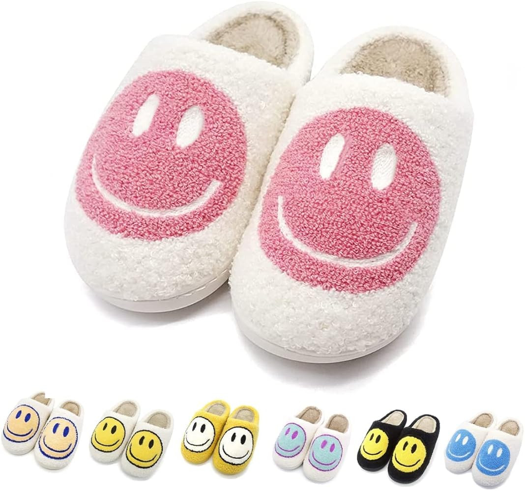 Cute Smile Face Slippers, Fuupnn Retro Soft Plush Furry Fluffy Indoor Outdoor Shoes Comfy Warm Fl... | Amazon (US)