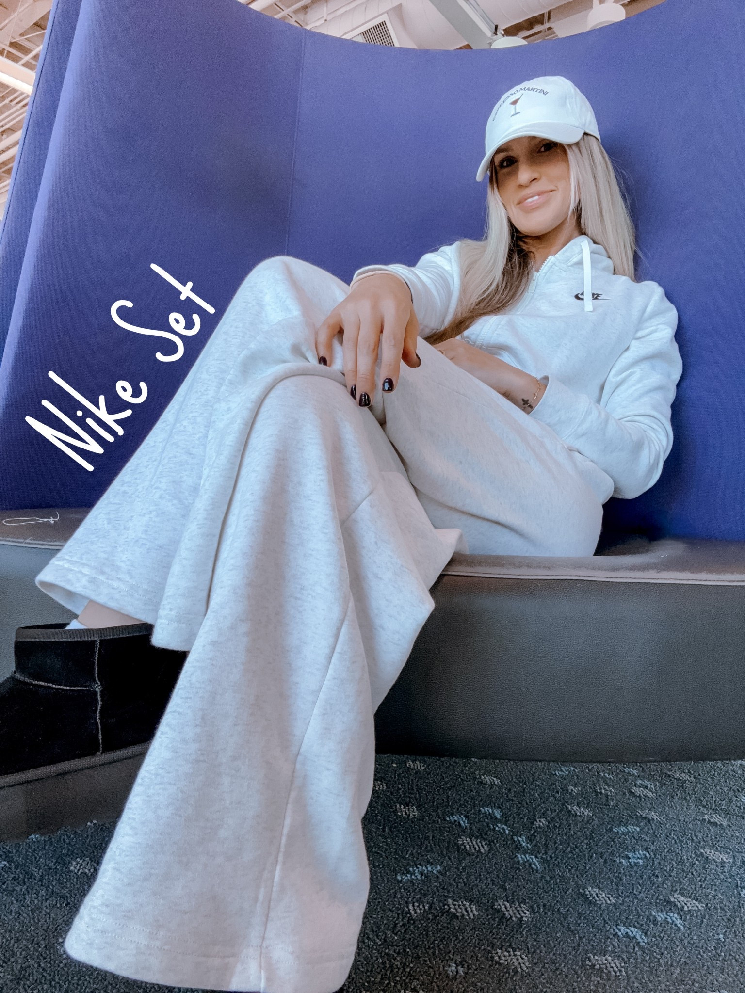 Obsessed with this Nike set to have a cute outfit without having to think too hard about it! Got so many compliments on this while traveling🥰🫶🤩 I’m wearing a small in the top and bottom, but could’ve sized up to a medium for an oversized fit. I’m 5’6” ~125 lbs! also tagging my shoes, hat, and nail color! 

#LTKActive #LTKTravel #LTKSaleAlert