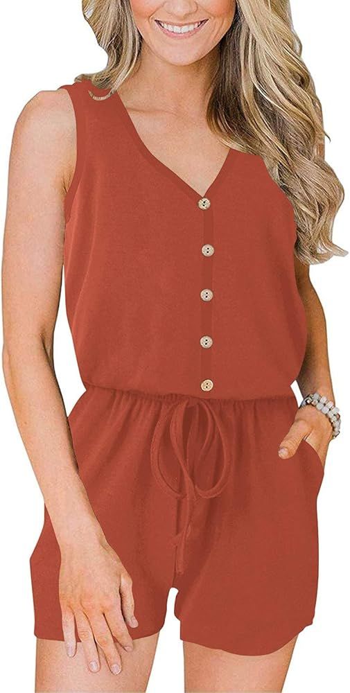 ANRABESS Women’s Summer Casual Sleeveless V Neck Front Button Loose Jumpsuits Rompers with Pock... | Amazon (US)