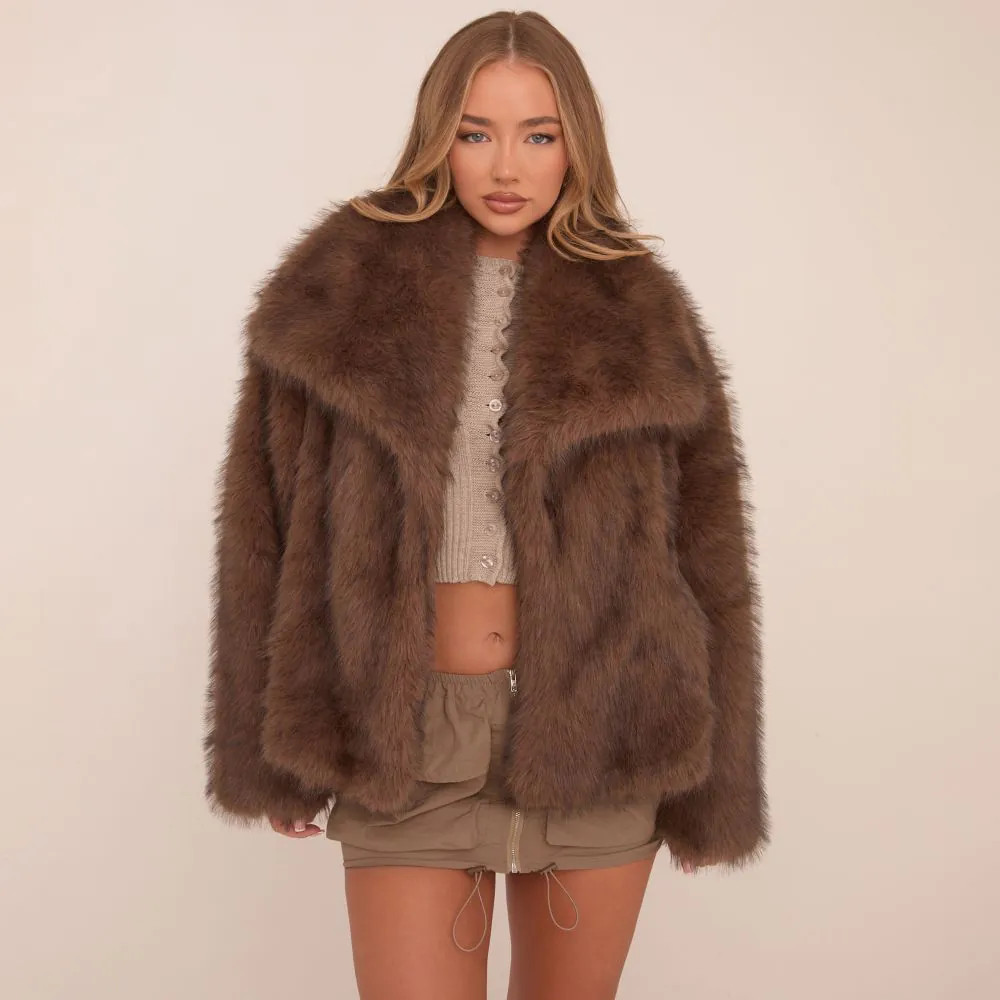 Oversized Collar Detail Jacket In Chocolate Brown Faux Fur | EGO (UK)