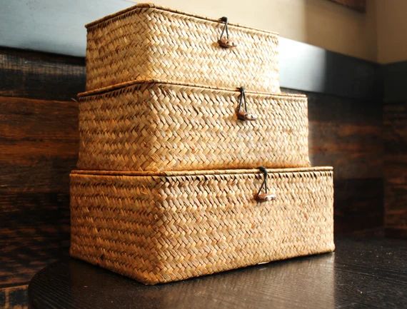 Straw woven basket with lid, Square storage box, Utility basket,Personalized gift | Etsy (US)