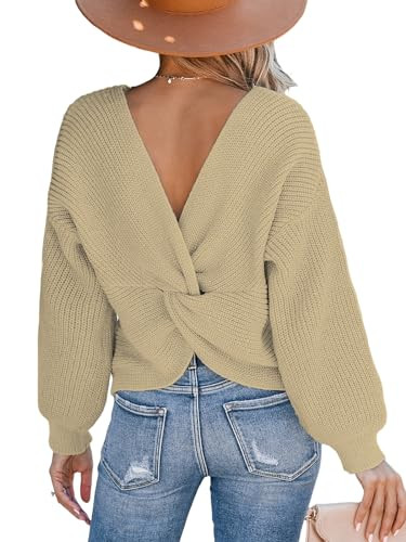 CUPSHE Womens Ribbed Knit Pullover Sweater Fall Crewneck Long Sleeve Twist Back Backless Sweater ... | Amazon (US)