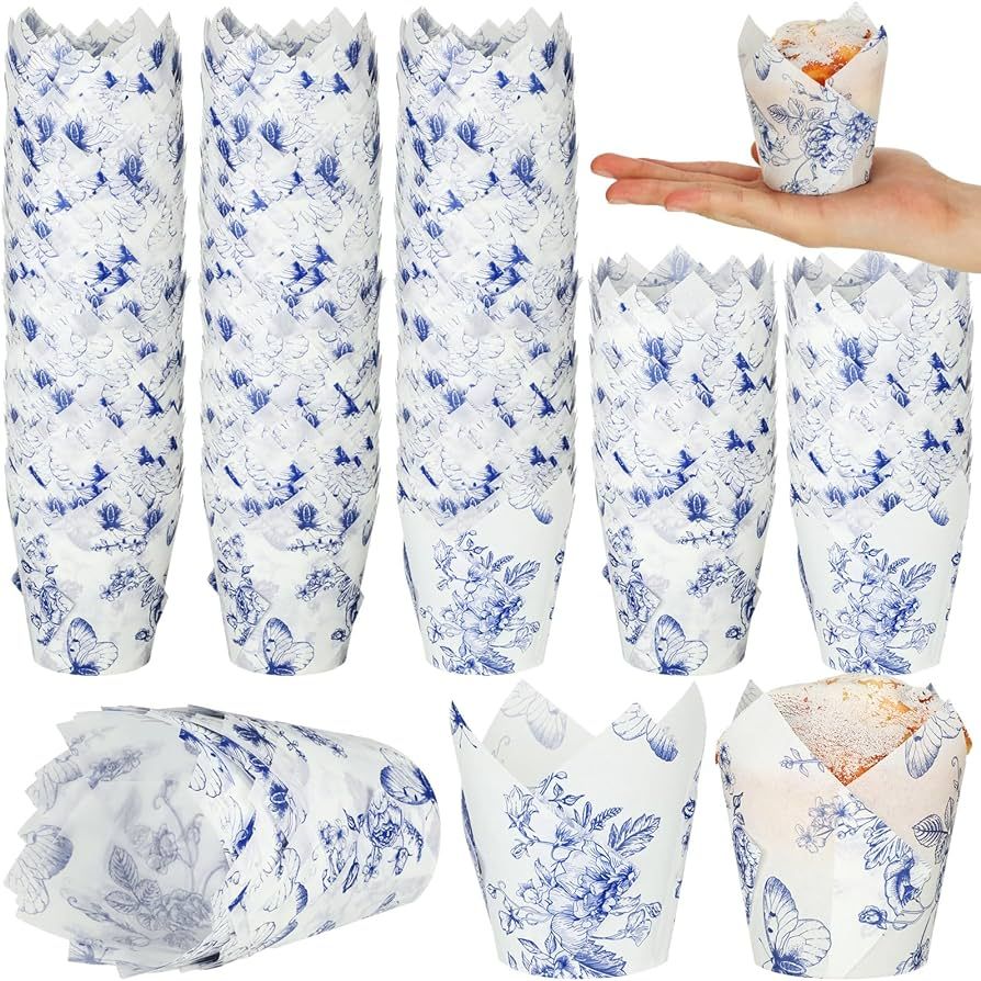 Gerrii 200 Pcs Chinoiserie Blue White Flower Tulip Cupcake Liners Paper Mini Baking Cups Cupcake ... | Amazon (US)