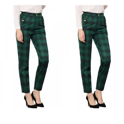 INSPIRE CHIC Women's Vintage Tartan Plaid Elastic Waist Straight Long Trousers 2 Packs 2 Packs Green X-Large | Target