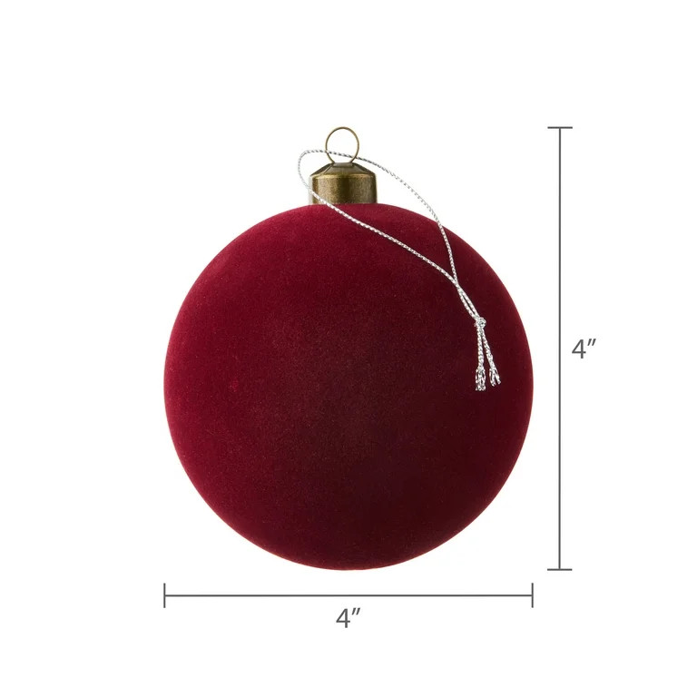 Dark Red Flocked Ball Christmas Ornaments, 4.5", 4 Count, by Holiday Time | Walmart (US)