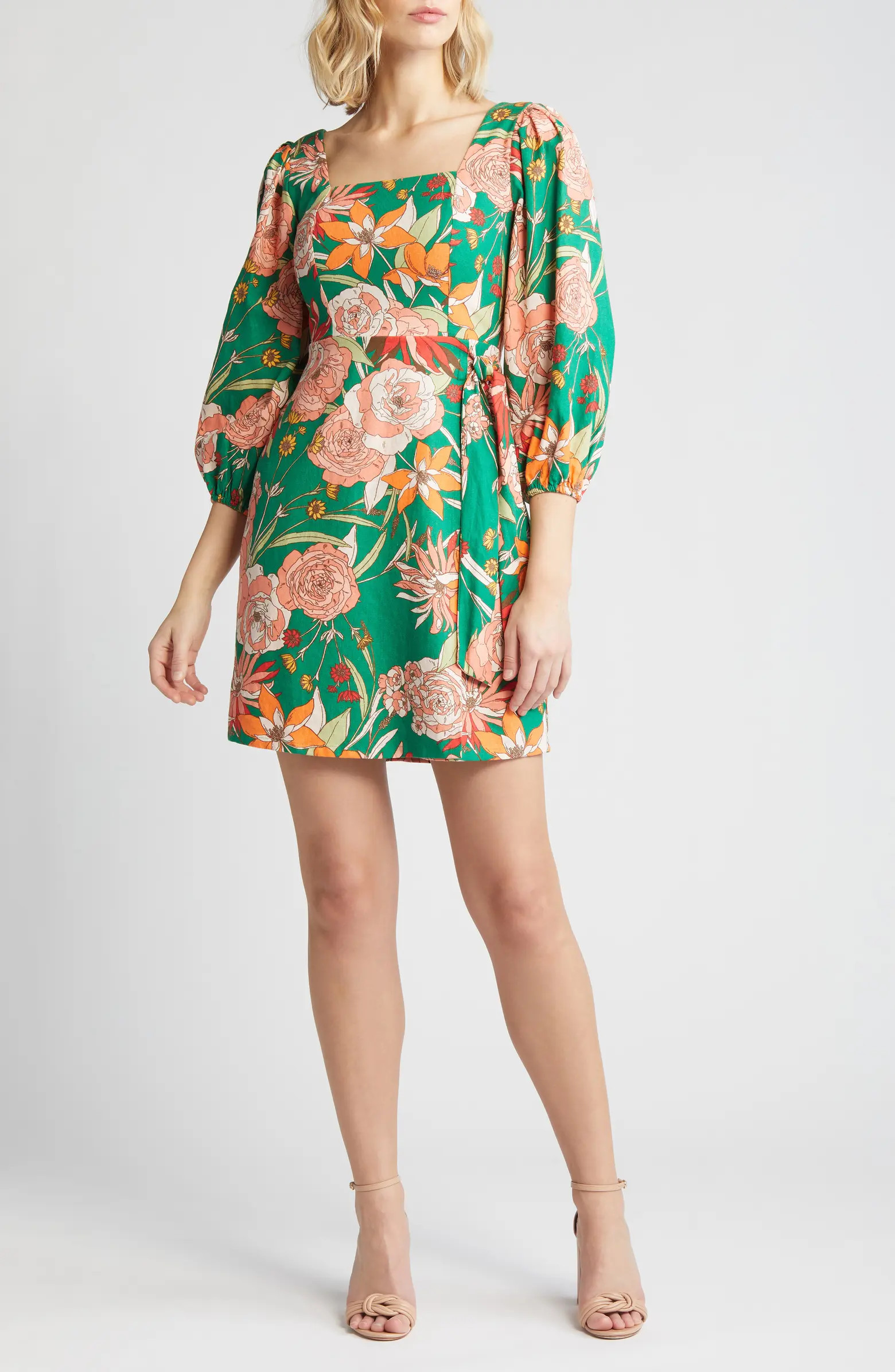 Vince Camuto Floral Long Sleeve Linen Blend Dress | Nordstrom | Nordstrom