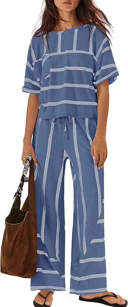 Nirovien Womens Striped Lounge Set 2 Piece Vacation Sets Short Sleeve Tops and Wide Leg Pants Tra... | Amazon (US)