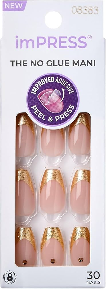KISS imPRESS No Glue Mani 30 Pcs Press On Nails, Medium Coffin Design Nail, Gold French Tip Elega... | Amazon (US)