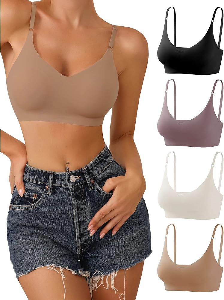 DEANGELMON V Neck Bralettes Padded Seamless Adjustable Straps Bra Everyday Basic Sleeping Bras | Amazon (US)
