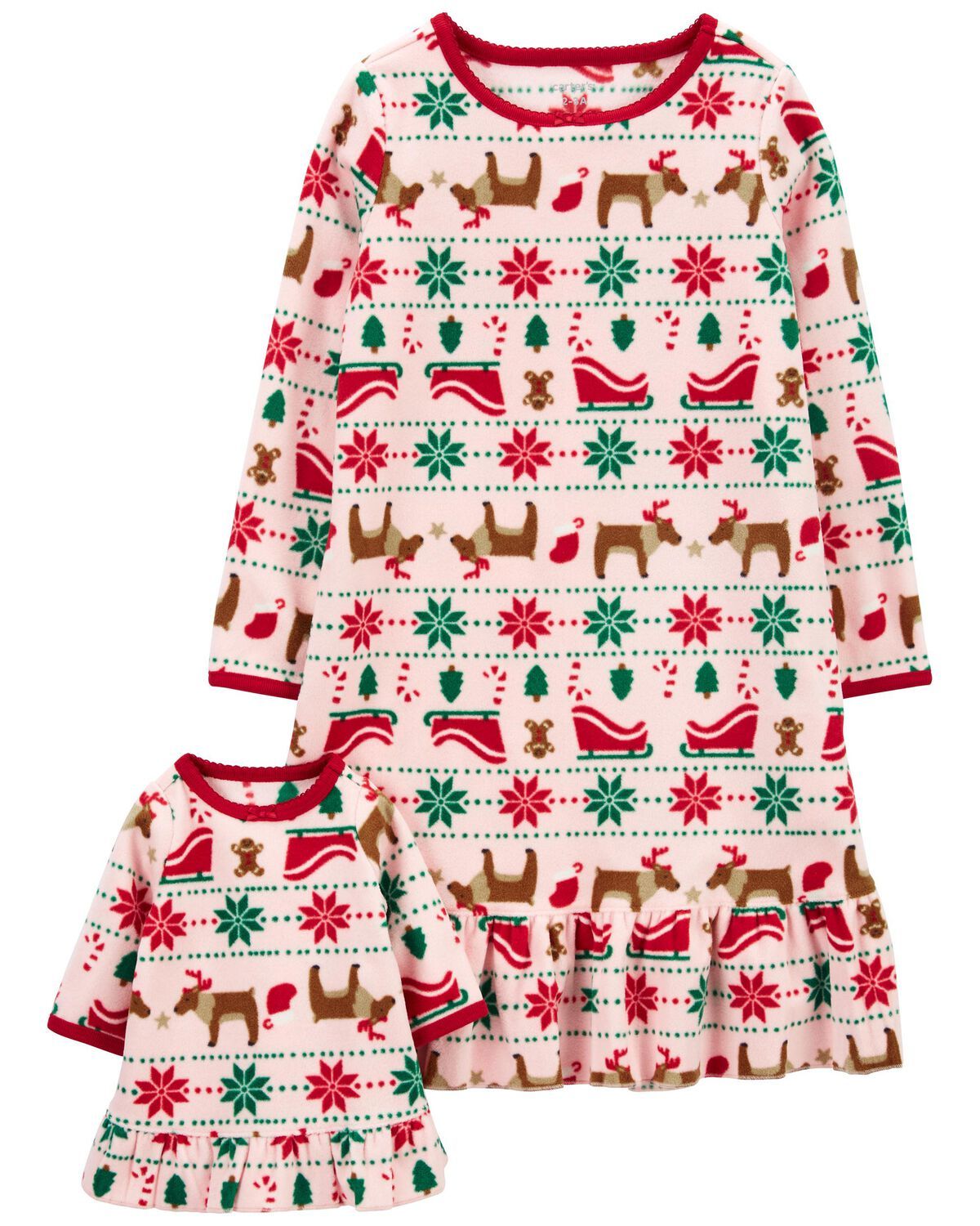 Pink Kid 2-Pack Fair Isle Matching Fleece Doll Nightgown Set | carters.com | Carter's