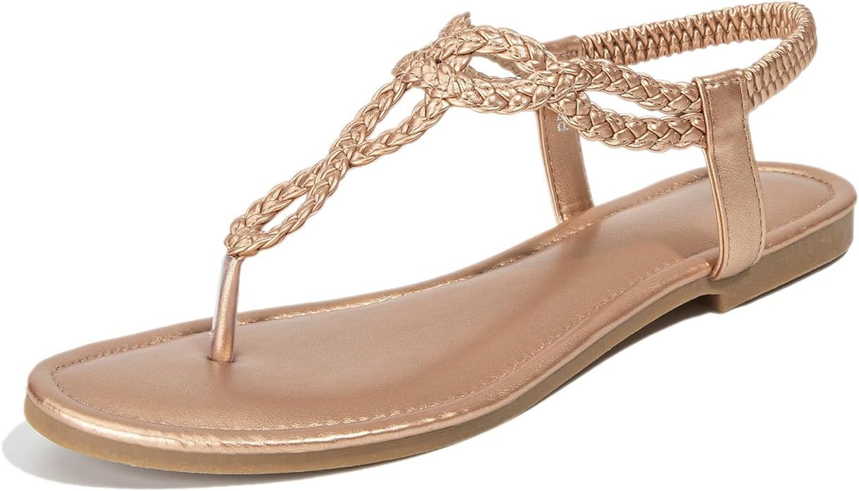 zeetoo Women's Sandals Rhinestone Flat Summer Shoes T-Strap Thong Bohemian Casual Dressy Sandals ... | Amazon (US)