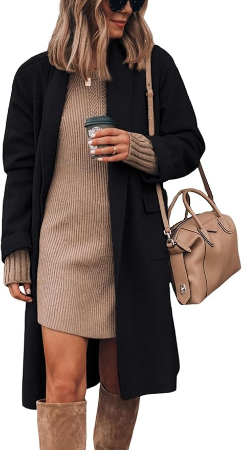 Hooever Women's Long Cardigan Wool Coat Open Front Pockets Warm Lapel Jacket Coat 2024 Fall Outer... | Amazon (US)