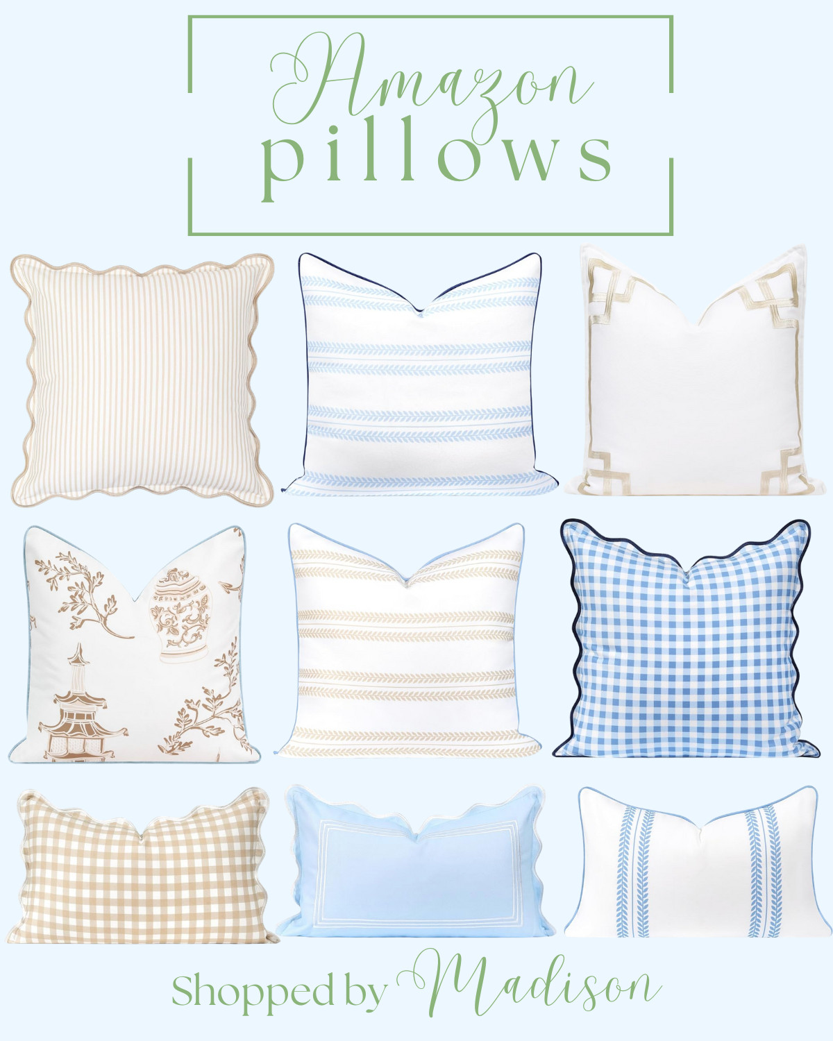 Amazon throw pillows, Hofdeco pillows, outdoor pillow covers, indoor pillow covers, grand millennial home decor, grand millennial style, blue and white decor, blue and green pillows, blue and pink throw pillows, girls room decor, toddler girl room ideas, bow pillow, scallop pillows 

 #LTKHome #LTKFindsUnder50 #LTKStyleTip