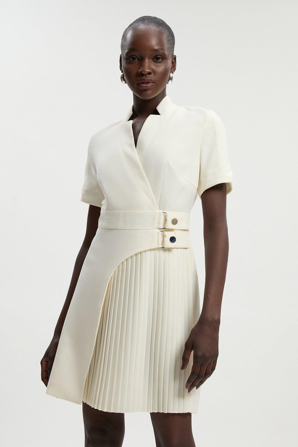 Tailored Crepe Military Pleat Notch Neck Wrap Mini Dress | Karen Millen UK + IE + DE + NL