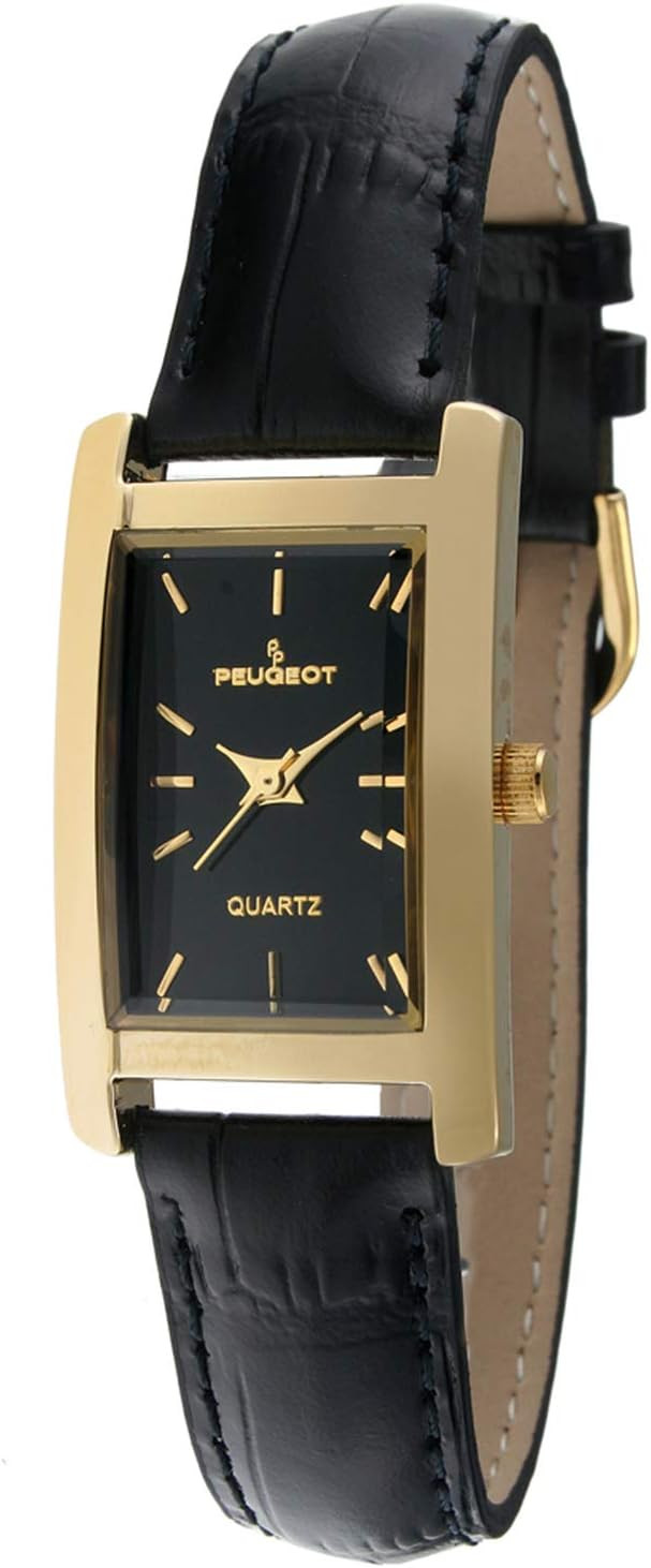 Peugeot Women's Classic 14Kt Gold Plated Watch, Rectangular Tank Shape Case with Leather Band and... | Amazon (US)