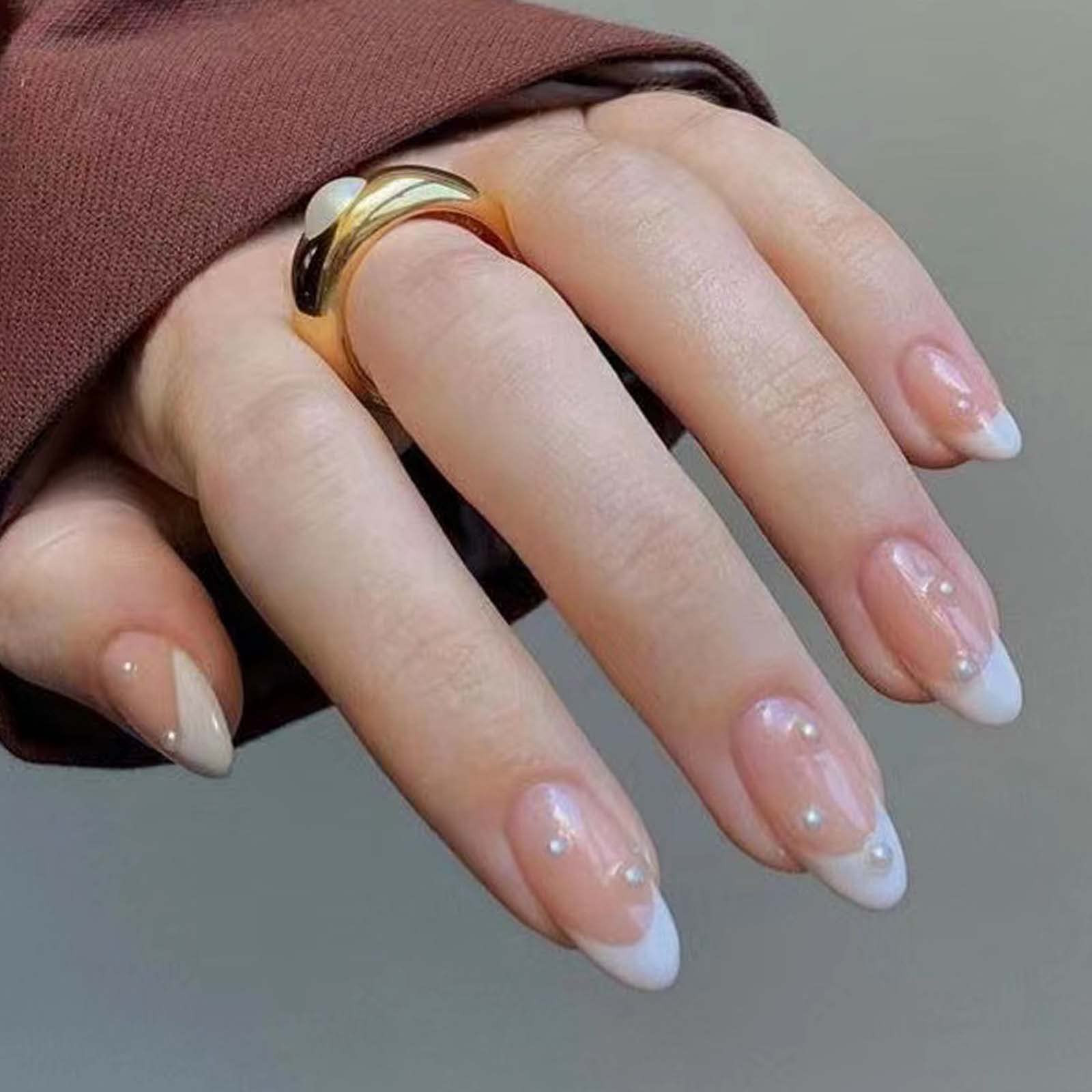 Kamize Cute Press on Nails Medium Almond Pearl Fake Nails Full Cover French False Nails for Women an | Amazon (US)