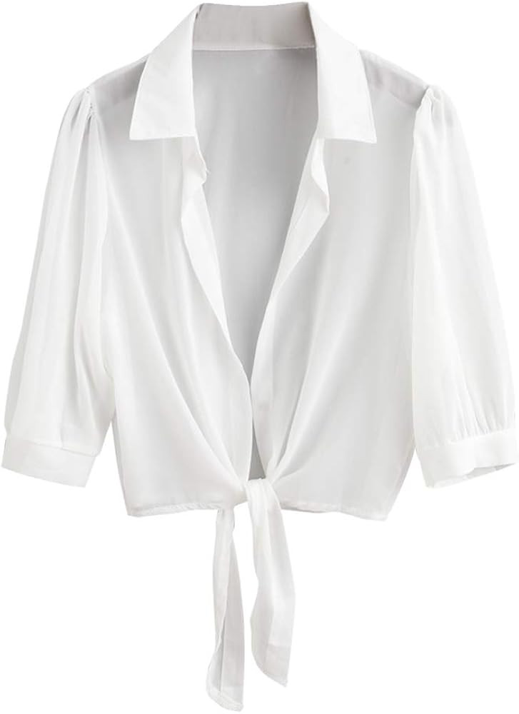 Womens Tie Hem Crop Top Cover Up Semi Sheer Shrug Blouse | Amazon (US)