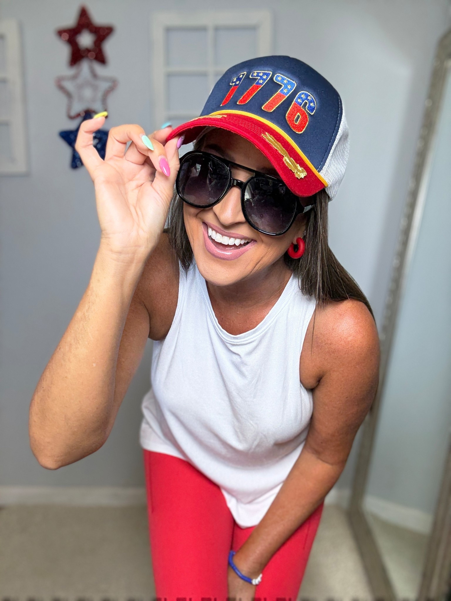 Cute, casual active/athleisure wear outfit. The shirt has an interesting back (see online photos on the link) making it nice and airy! 

⭐️𝐔𝐬𝐞 𝐜𝐨𝐝𝐞 𝐒𝐉𝐋𝐈𝐍𝐙𝟑𝟎𝐀 𝐭𝐨 𝐬𝐚𝐯𝐞 𝟏𝟎% 𝐨𝐧 𝐭𝐡𝐞𝐬𝐞 𝐬𝐮𝐧𝐠𝐥𝐚𝐬𝐬𝐞𝐬 𝐚𝐧𝐝 𝐚𝐥𝐥 𝐨𝐭𝐡𝐞𝐫 𝐒𝐎𝐉𝐎𝐒 𝐠𝐥𝐚𝐬𝐬𝐞𝐬 𝐨𝐧 𝐀𝐦𝐚𝐳𝐨𝐧! #sojospartner⭐️

Top: S
Leggings: S

Summer Outfit, summer fashion, white sneakers, gym outfit, retro aviator sunglasses, polarized sunglasses, trucker hat, 4th of July outfit, patriotic outfit, red white and blue outfit, red leggings 

#LTKFindsUnder50 #LTKSummerEdit #LTKActive