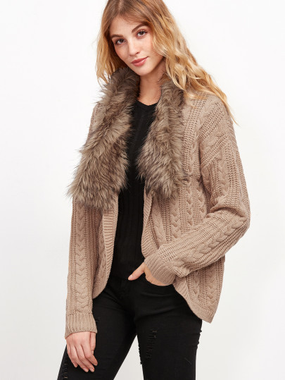 Khaki Cable Knit Faux Fur Collar Cardigan -SheIn(Sheinside) | SHEIN