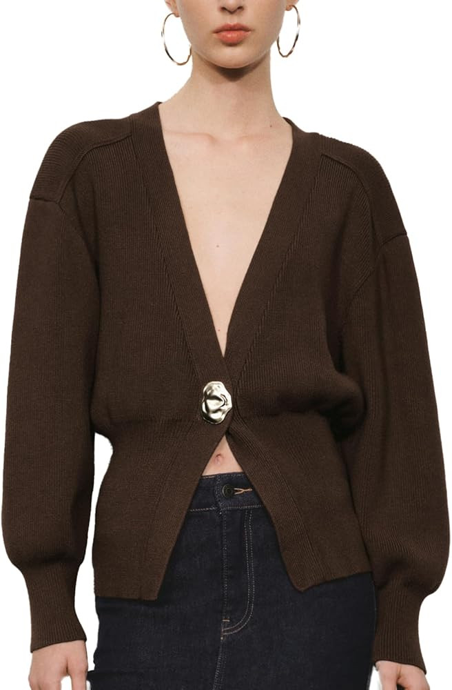 URBAN REVIVO Women Knitted Cardigans Long Sleeve V-Neck Lightweight Sweater One Leaf Button Down ... | Amazon (US)