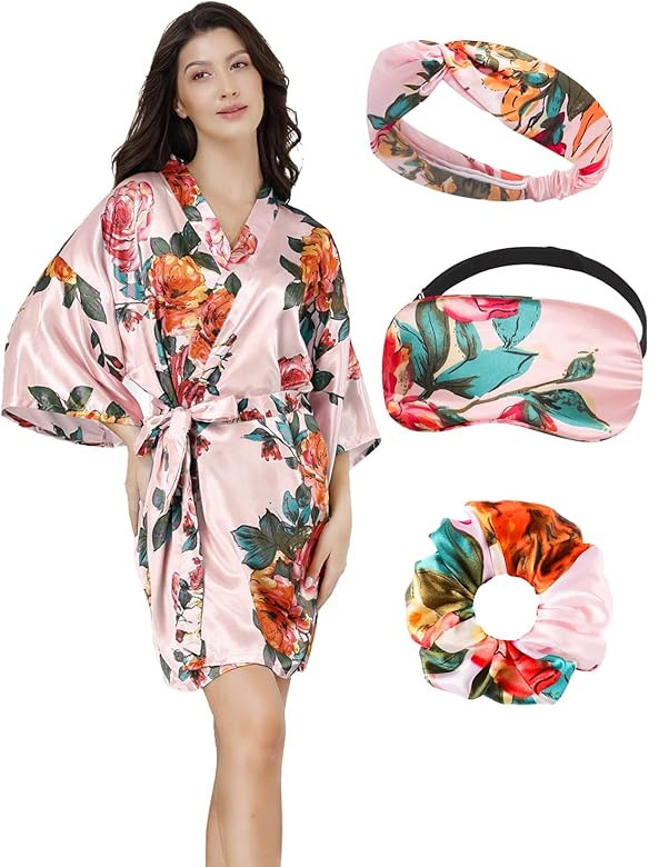 EPLAZA Women Floral Silky Satin Robe Wedding Bridal Party Bride Bridesmaid Robes Kimono Loungewea... | Amazon (US)