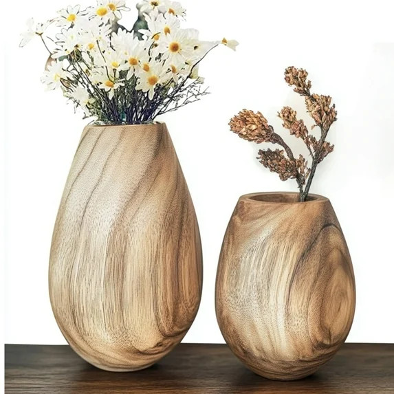 MEHOOM 2Pcs Paulownia Wooden Flower Vases – Boho Farmhouse Decor with Glass Lining, Rustic Deco... | Walmart (US)