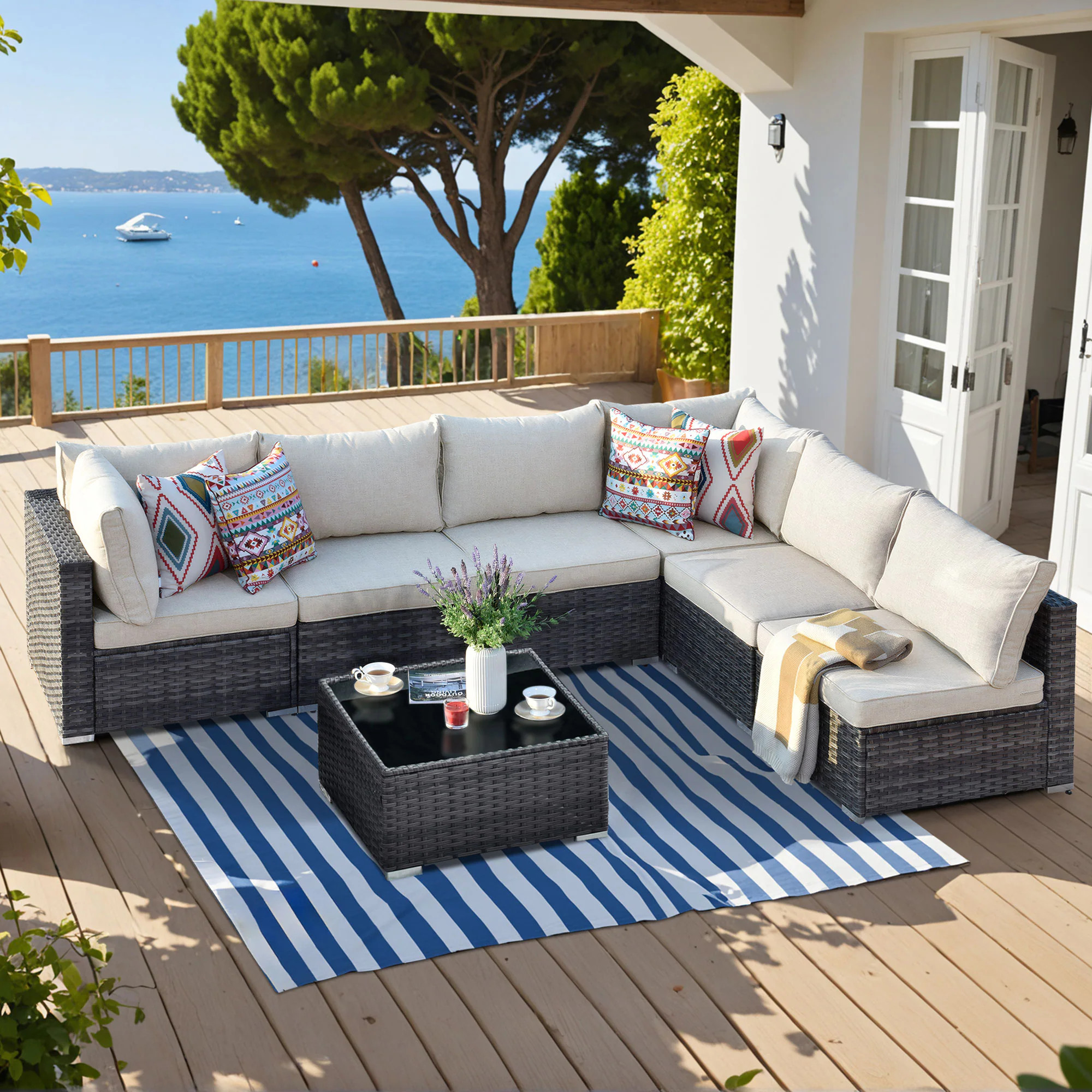 Ovios Wicker Outdoor Sectional with Beige Cushions and Iron Frame one_size | HP607 | Lowe's