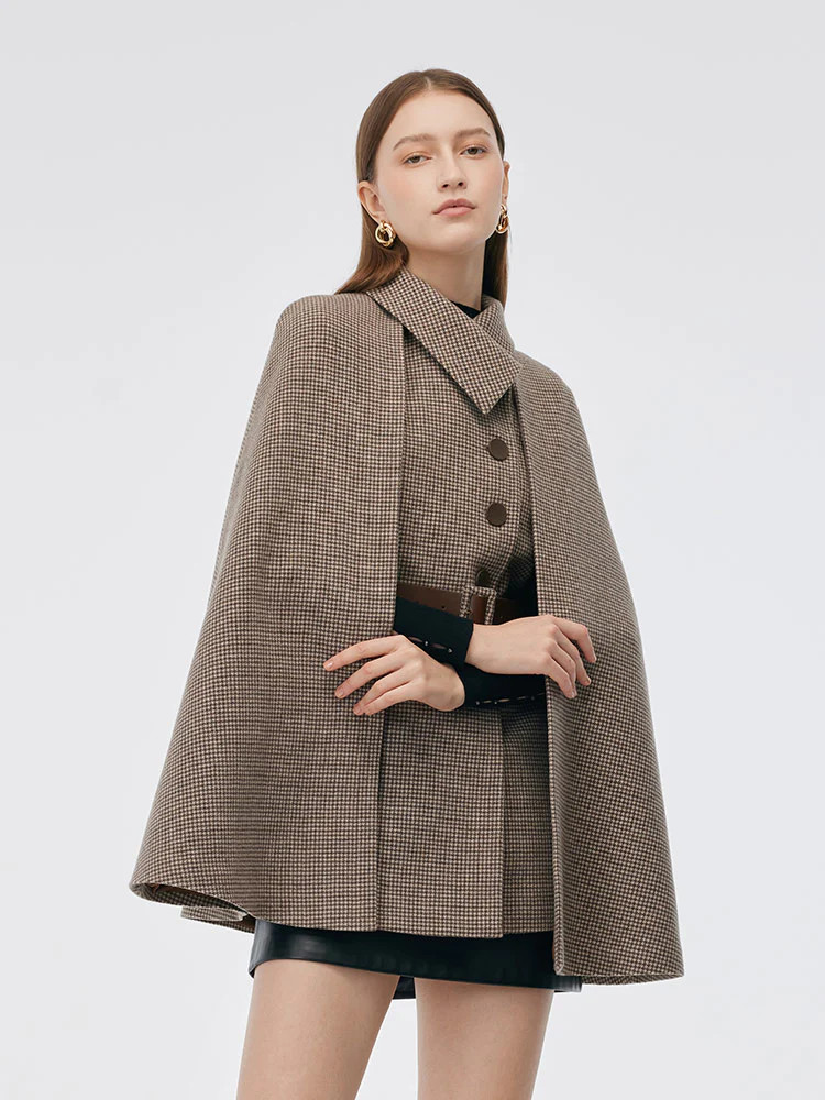 100% Washable Wool Beige Check Cape And Vest Two-Piece Set With Belt | GOELIA