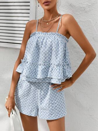 SHEIN VCAY Floral Print Ruffle Hem Cami Top & Shorts | SHEIN
