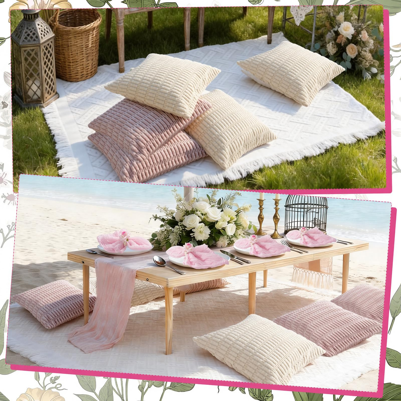 91x 71 Extra Large Outdoor Boho Picnic Blanket with 6 Throw Pillow Covers, Pink White Table Runner, 6 Napkins, 6 Napkin Rings, Cotton Yarn Oversize Beach Blanket for Outdoor Party Camp Wedding | Amazon (US)
