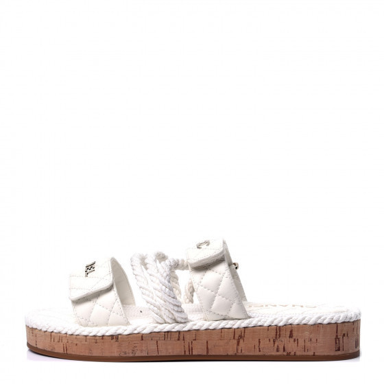 CHANEL Cord Lambskin Quilted Logo Mules Ivory | Fashionphile