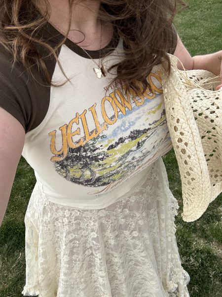 Yellowstone graphic tee and straw cowboy hat from urban outfitters lace skirt is free people!

#LTKFindsUnder50 #LTKStyleTip #LTKMidsize