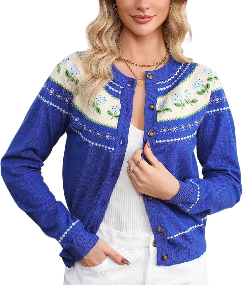 Womens Long Sleeve Open Front Cardigan Sweaters Button Down Crew Neck Floral Print Knit Fall Swea... | Amazon (US)