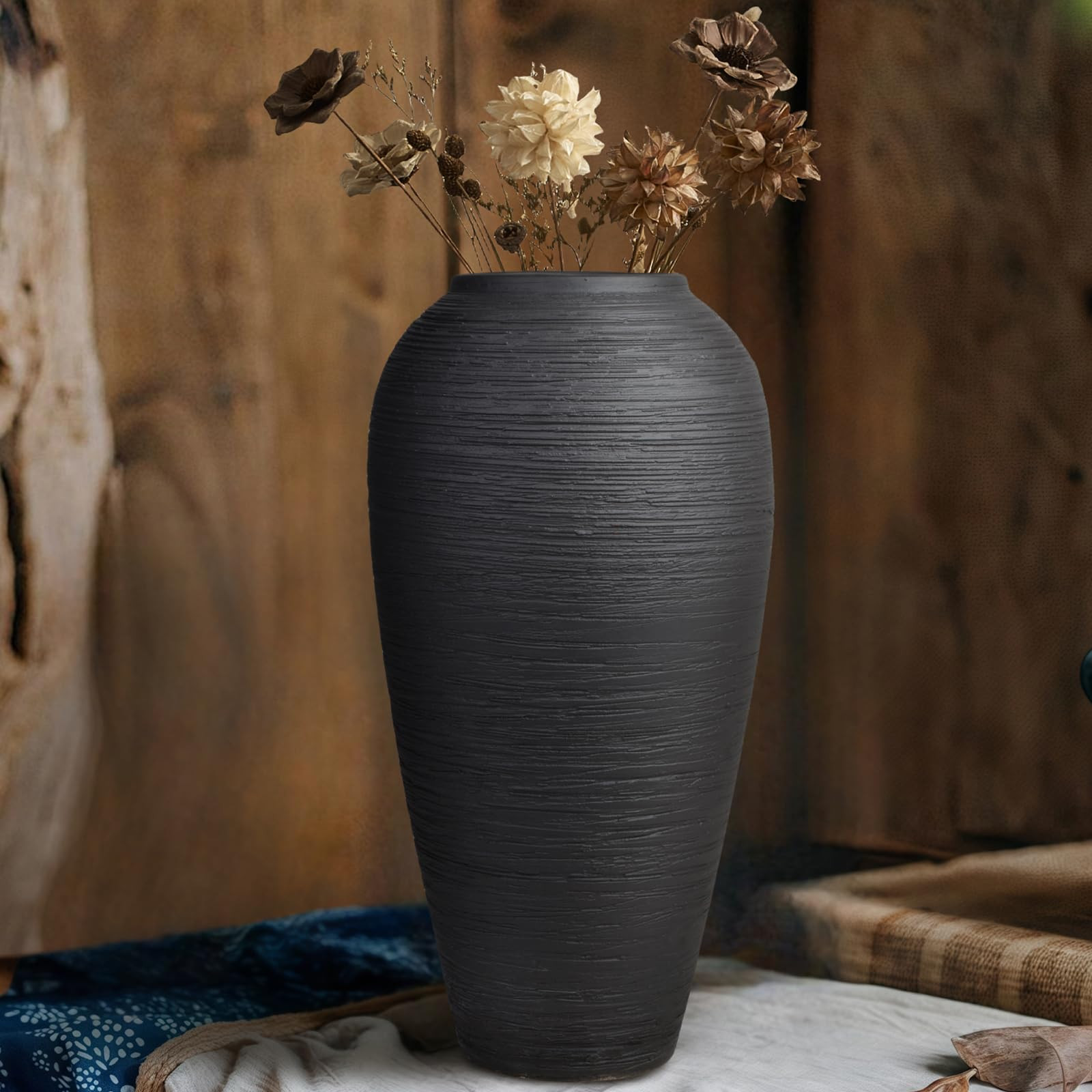 Black Rustic Ceramic Vase Vintage Large Vases, 13.4 Inch Farmhouse Floor Tall Vase Pottery Clay T... | Amazon (US)