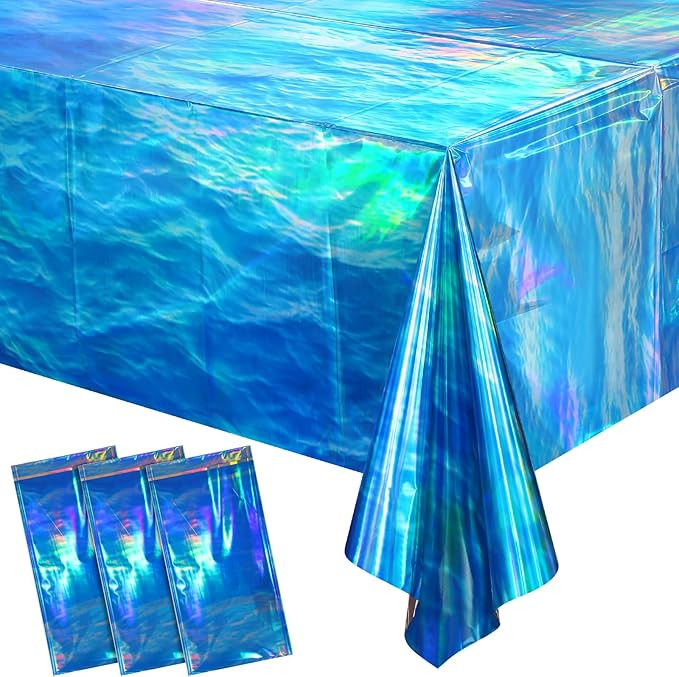 3 Pcs Iridescent Waves Tablecloths - Disposable Plastic Ocean Blue Table Cloth Rectangle Table Co... | Amazon (US)