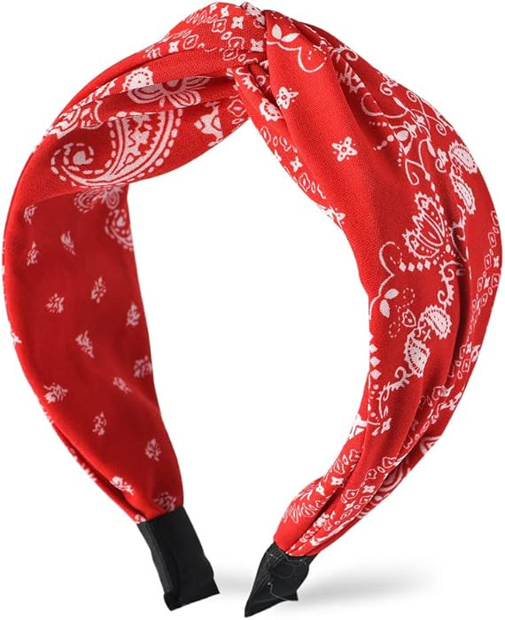 Red Knotted Boho Paisley Headband for Women's Hair - Non-Slip Turban Twist Knot Bandana Hairband | Amazon (US)
