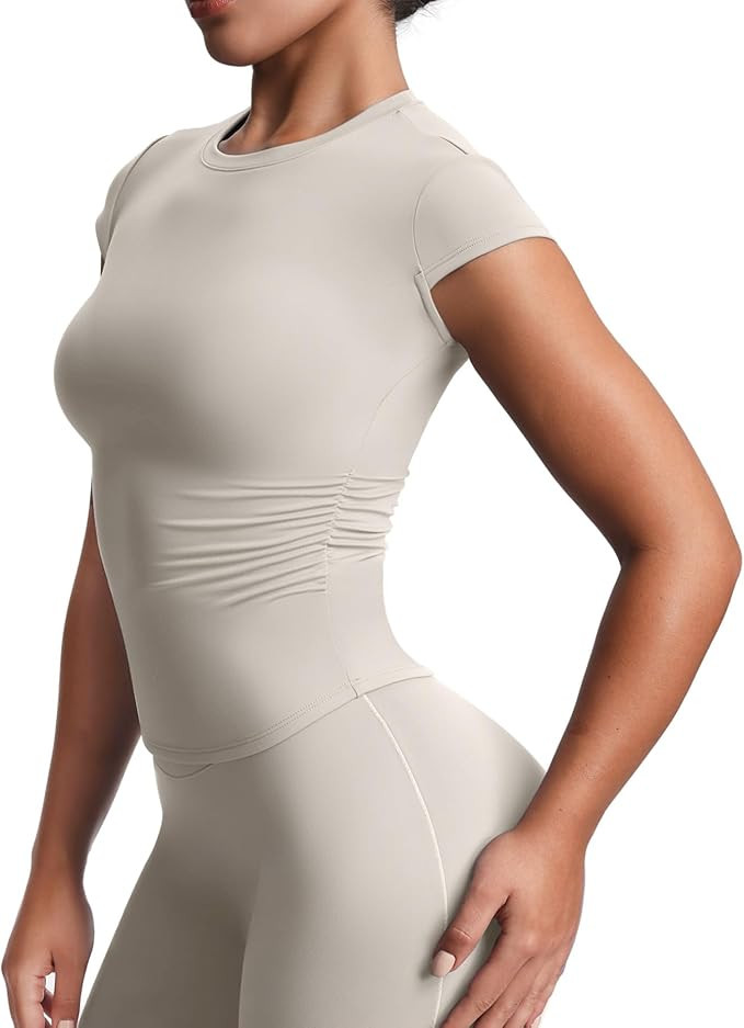 Aoxjox Women's Cap Sleeve T-Shirts Crew Neck Velura Ruched Tee Without Padded Workout PlushFlex... | Amazon (US)
