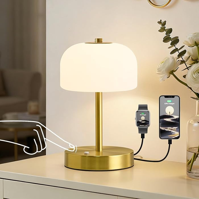 Oneach 9" Corded Touch Control Gold Table Lamp with USB A+C Charging Ports, Dimmable LED Bedside ... | Amazon (US)