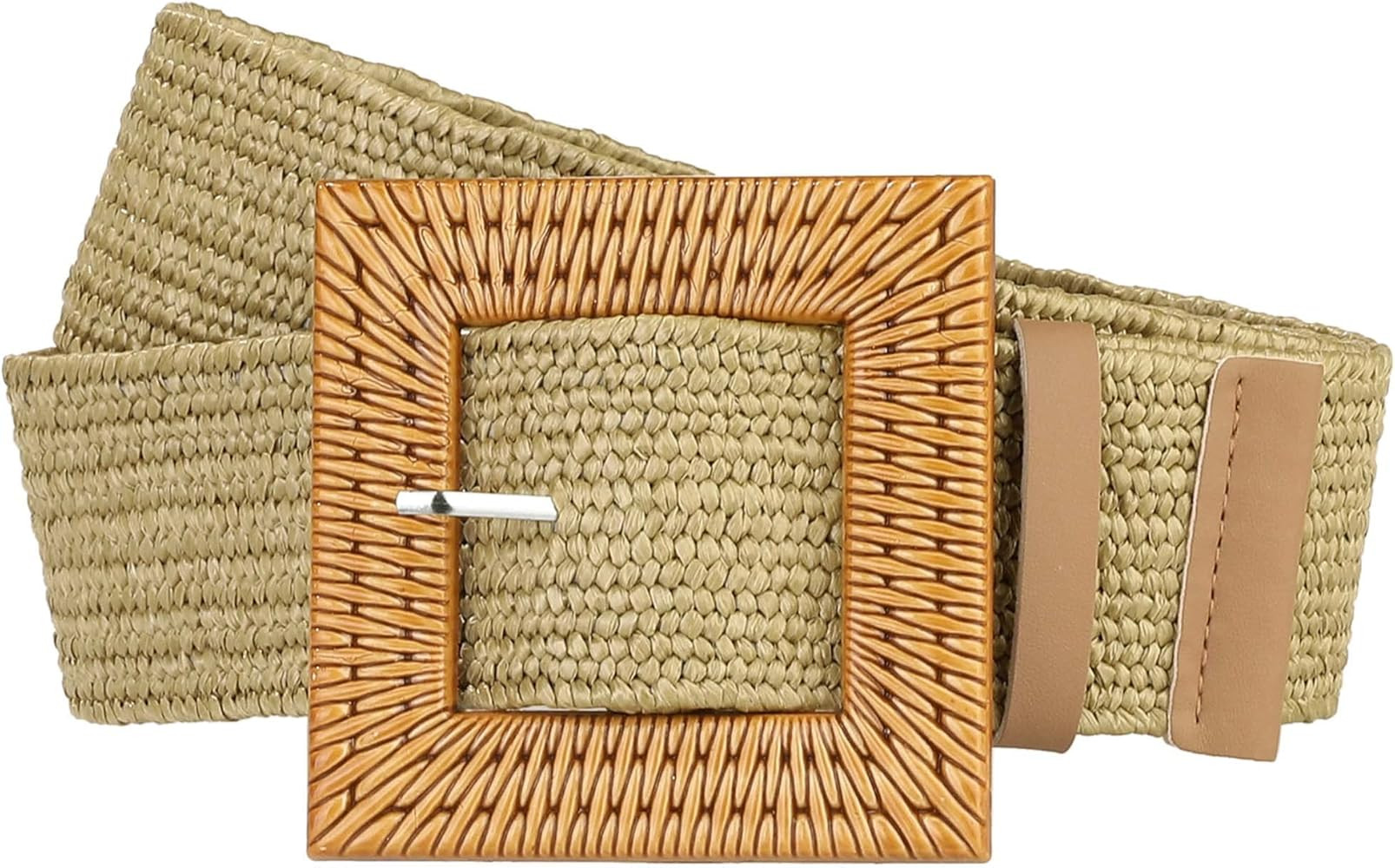 Ladies Woven Wide Stretch Belts, Straw Rattan Square Wooden Buckle Elastic Waist Belt Waistband f... | Amazon (US)