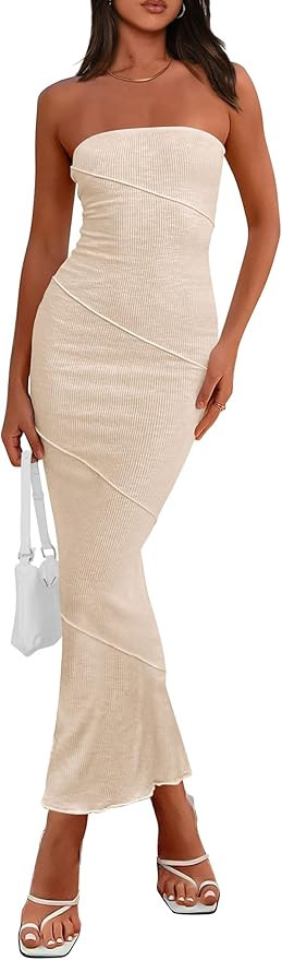 PRETTYGARDEN Women's Ribbed Maxi Bodycon Dress Summer Strapless Tube Y2K Party Club Long Dresses | Amazon (US)