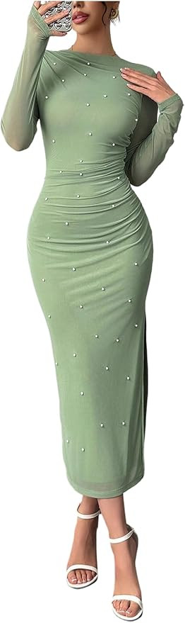 Milumia Women's Mesh Long Sleeve Midi Dress Elegant Pearl High Slit Ruched Bodycon Dresses | Amazon (US)