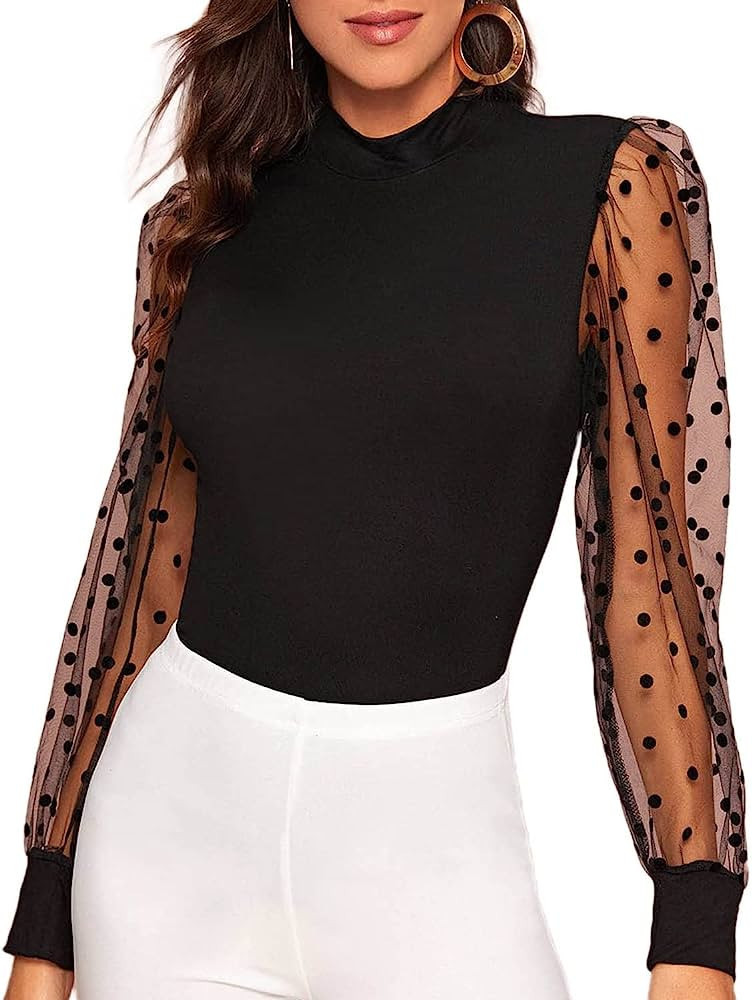 Verdusa Women's Polka Dots Sheer Mesh Long Sleeve Mock Neck Blouse | Amazon (US)