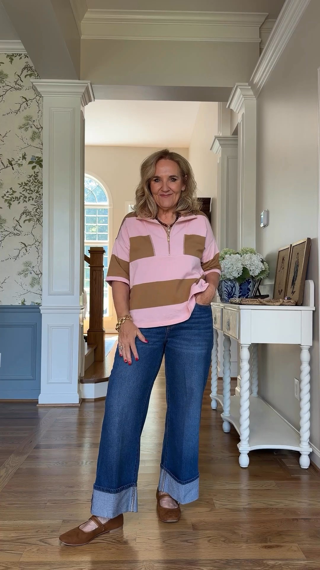 I don’t know what it is about a good wide-leg jean, but I’m always happy to put one on. The pink and brown in this top are such a fun combination, and I’m wearing a medium in the top and a size 8 in the jeans.

#LTKgrwm #LTKdayinmylife #LTKootd
