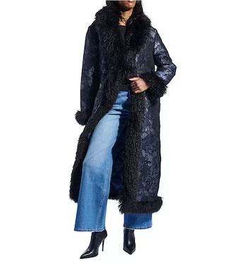 Azalea Wang IIsla Navy Brocade Shawl Collared Faux Fur Trim Oversize Trench Coat | Dillard's | Dillard's