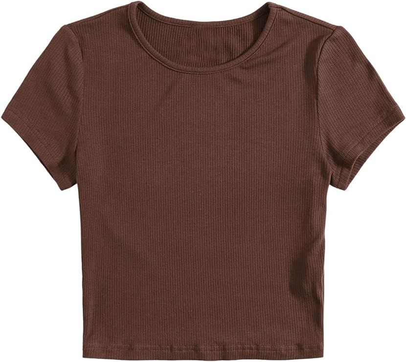 SweatyRocks Women's Solid Crew Neck Ribbed Knit Short Sleeve Crop Top T Shirts | Amazon (US)